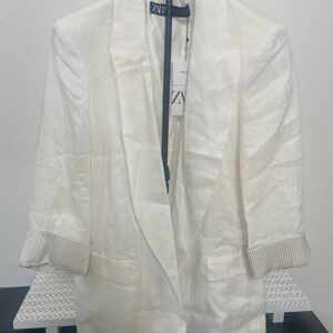 Zara White Blazer with Striped Cuffs